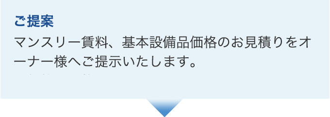 ご提案。マンスリー賃料、基本設備品価格のお見積りをオーナー様へご提示いたします。基本設備品のリース契約も可能です。