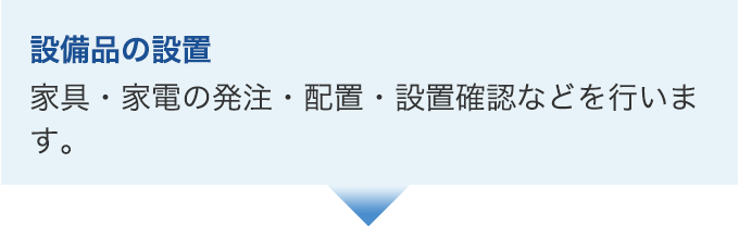 設備品の設置。家具・家電の発注・配置・設置確認などを行います。